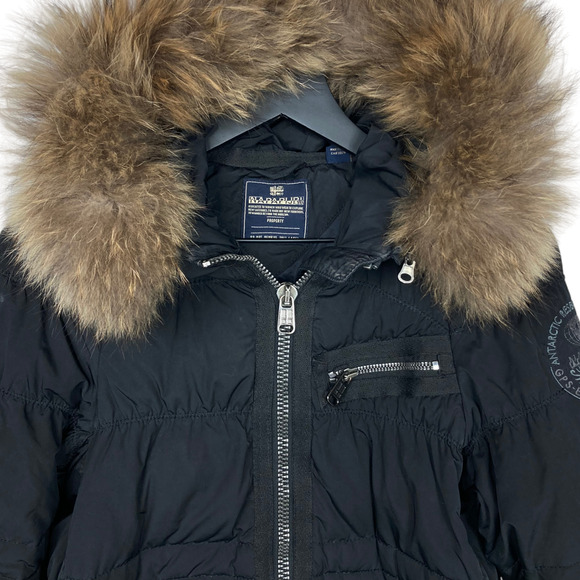 Napapijri Duck Down Puffer Coat Jacket Racoon Fur Collar Black Womens Medium - Picture 3 of 12